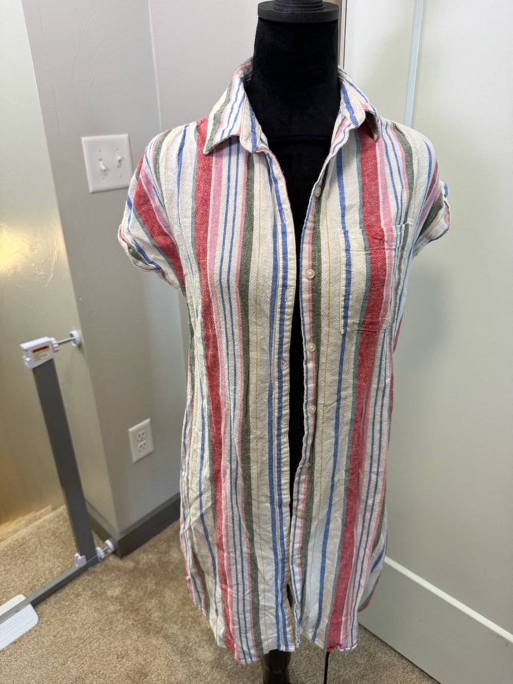 Old Navy Linen Blend Vertical Stripe Button Down Long Tunic Top Colorful Summer